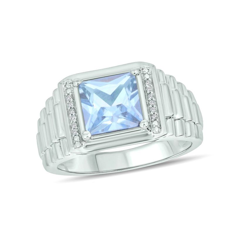Lab Created Diamond Accent and 3.0 ct. t.w. Created Princess Cut Aquamarine Mens Ring In Sterling Silver
