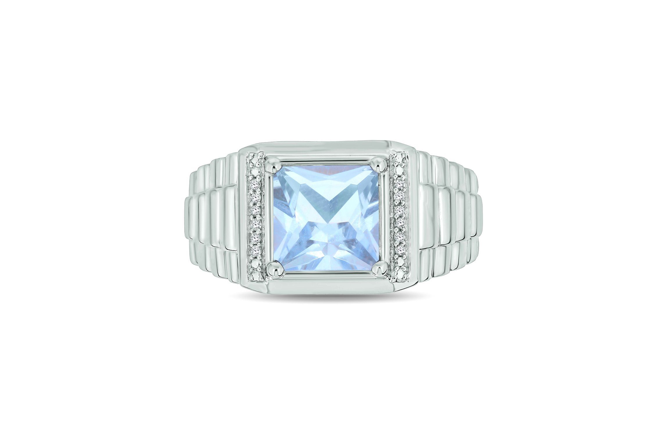Lab Created Diamond Accent and 3.0 ct. t.w. Created Princess Cut Aquamarine Mens Ring In Sterling Silver