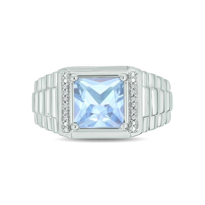 Lab Created Diamond Accent and 3.0 ct. t.w. Created Princess Cut Aquamarine Mens Ring In Sterling Silver