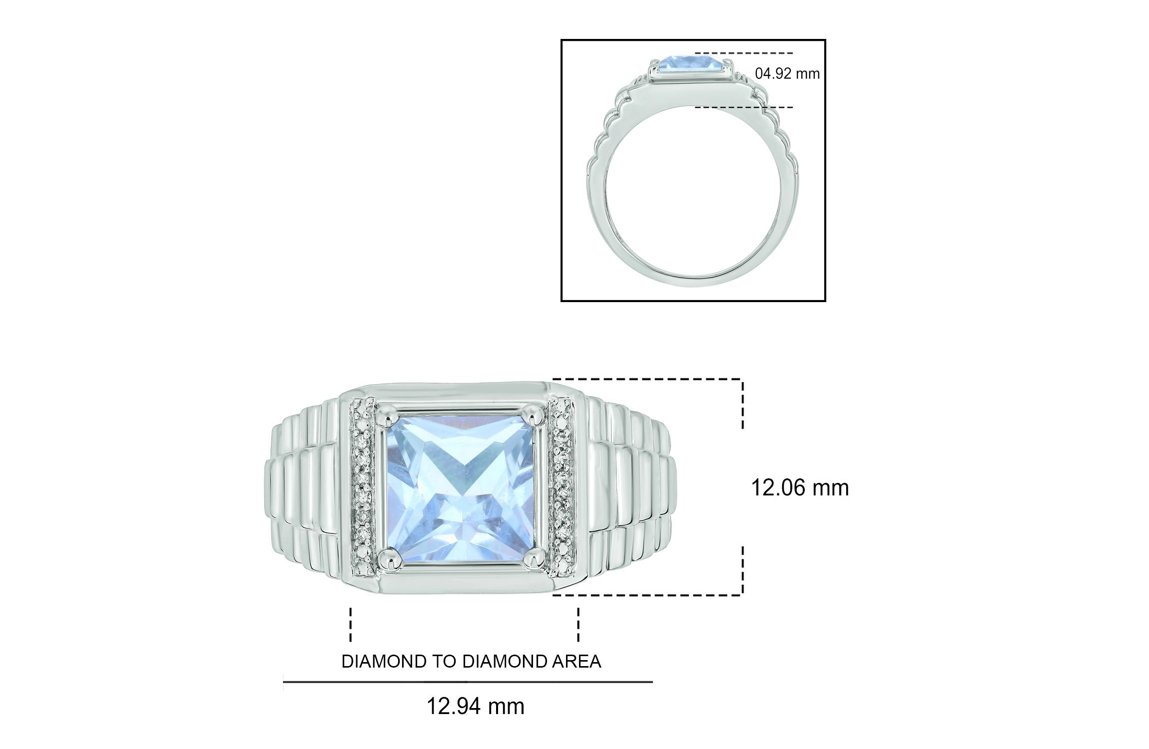Lab Created Diamond Accent and 3.0 ct. t.w. Created Princess Cut Aquamarine Mens Ring In Sterling Silver