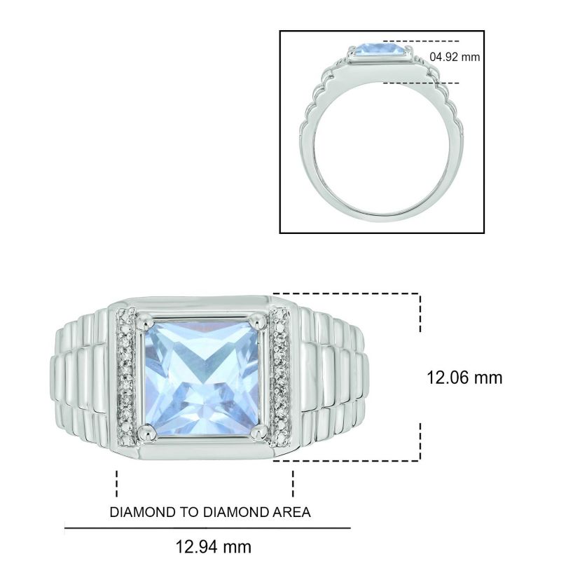 Lab Created Diamond Accent and 3.0 ct. t.w. Created Princess Cut Aquamarine Mens Ring In Sterling Silver