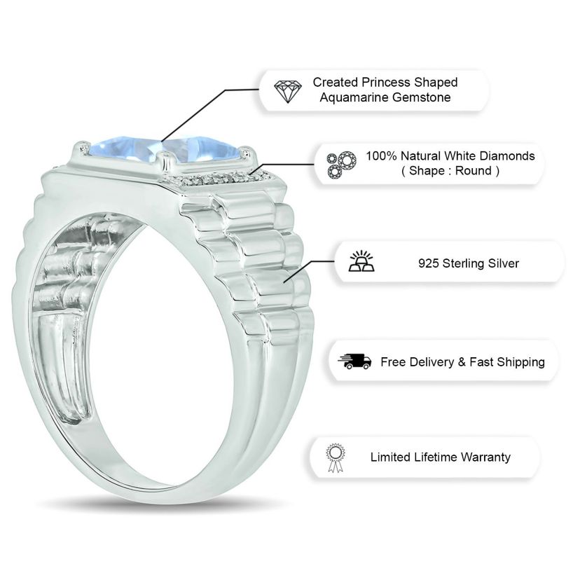 Lab Created Diamond Accent and 3.0 ct. t.w. Created Princess Cut Aquamarine Mens Ring In Sterling Silver