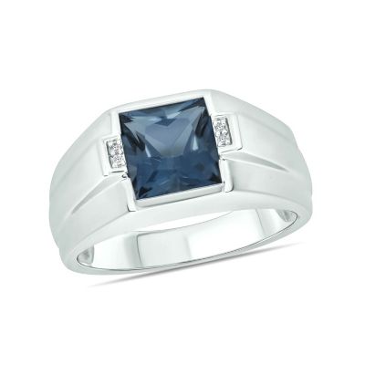 Belk & Co Diamond Accent and 3.0 ct. t.w. Natural Princess Cut Blue Topaz Men's Ring In Sterling Silver