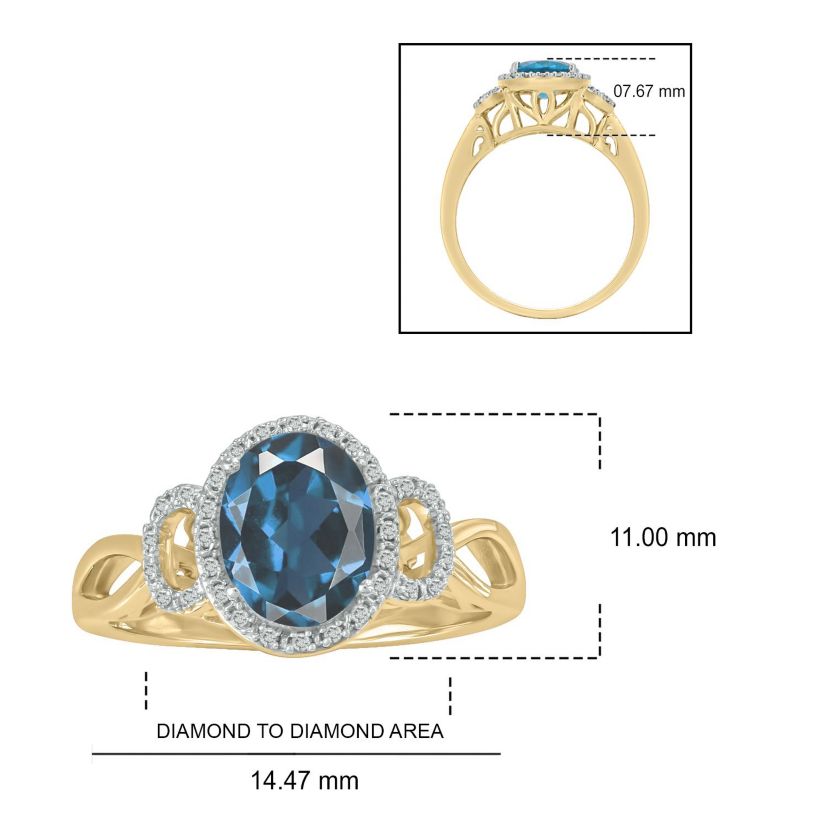 1/10 ct. t.w Diamond & 2.25 ct. t.w Blue Topaz Oval Shape Natural Color Stone Ring in 10K Gold