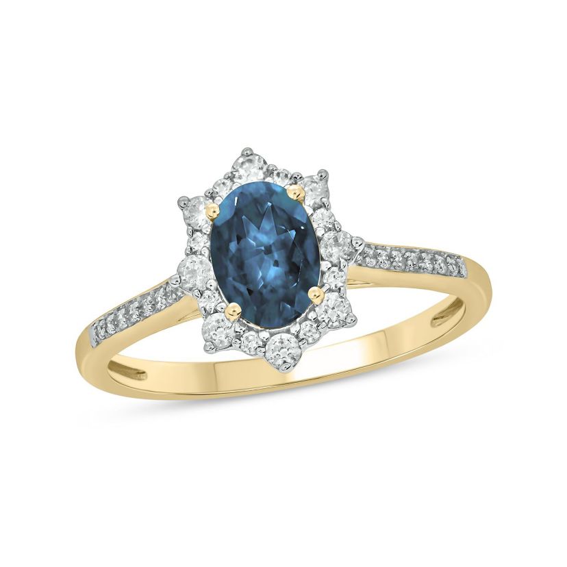 1/4 ct. t.w Diamond & 2/4 ct. t.w Blue Topaz Oval Shape Natural Color Stone Ring in 10K Gold