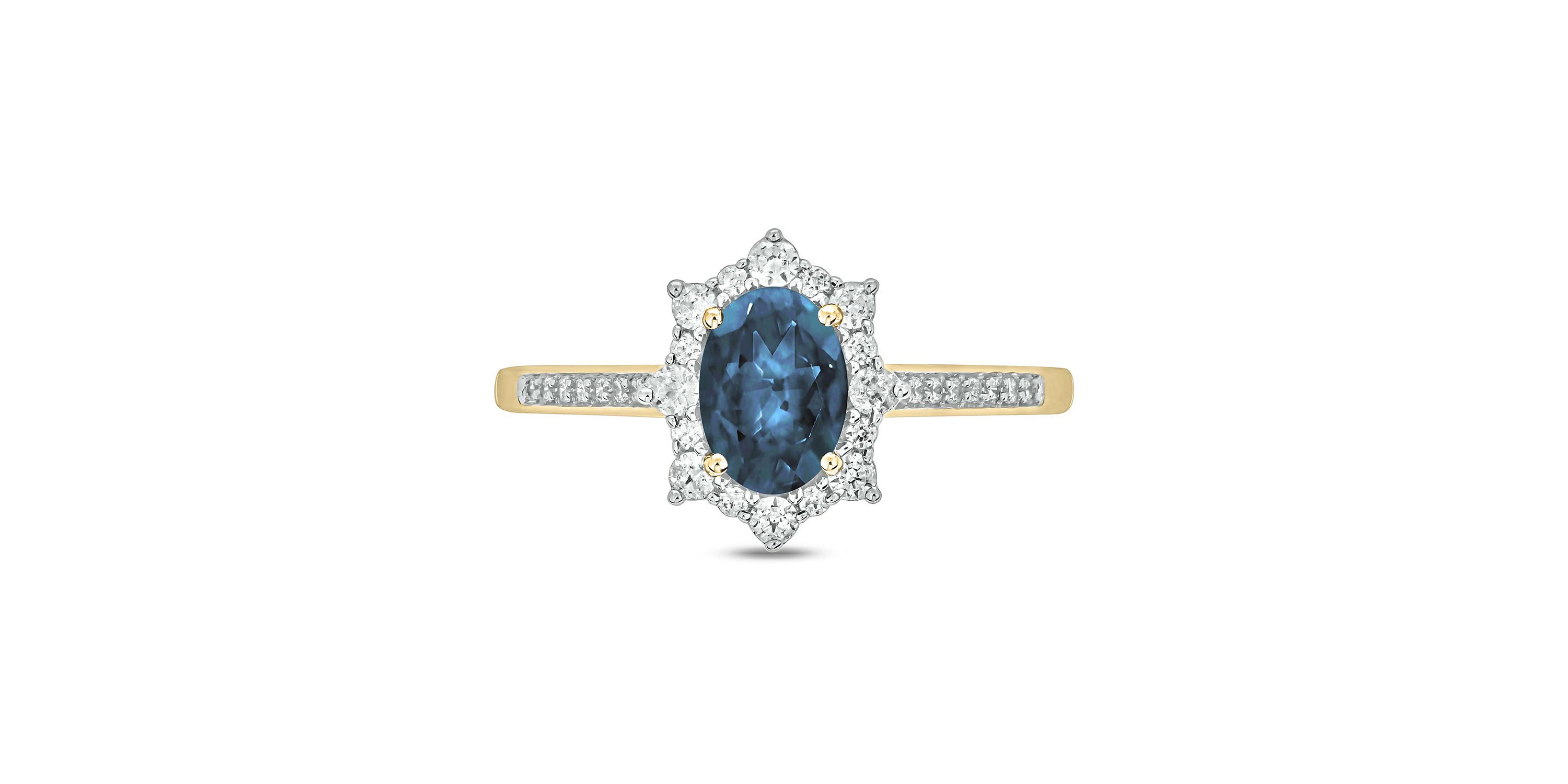 1/4 ct. t.w Diamond & 2/4 ct. t.w Blue Topaz Oval Shape Natural Color Stone Ring in 10K Gold
