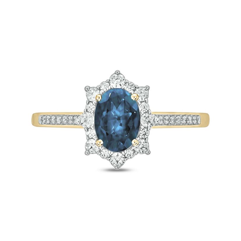 1/4 ct. t.w Diamond & 2/4 ct. t.w Blue Topaz Oval Shape Natural Color Stone Ring in 10K Gold
