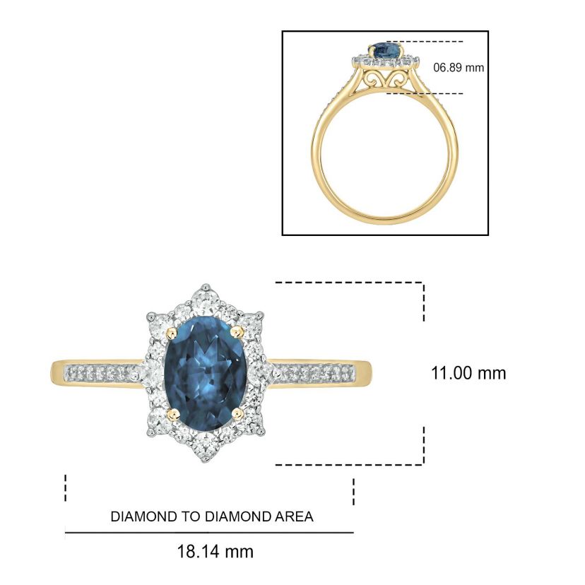 1/4 ct. t.w Diamond & 2/4 ct. t.w Blue Topaz Oval Shape Natural Color Stone Ring in 10K Gold