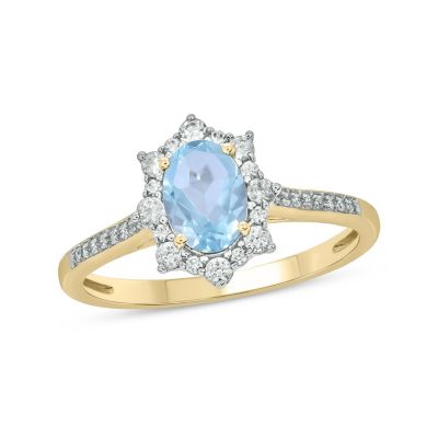 Belk & Co 1/4 ct. t.w Diamond & 2/4 ct. t.w Aquamarine Oval Shape Natural Color Stone Ring in 10K Gold, Yellow, 8 -  0686557622096