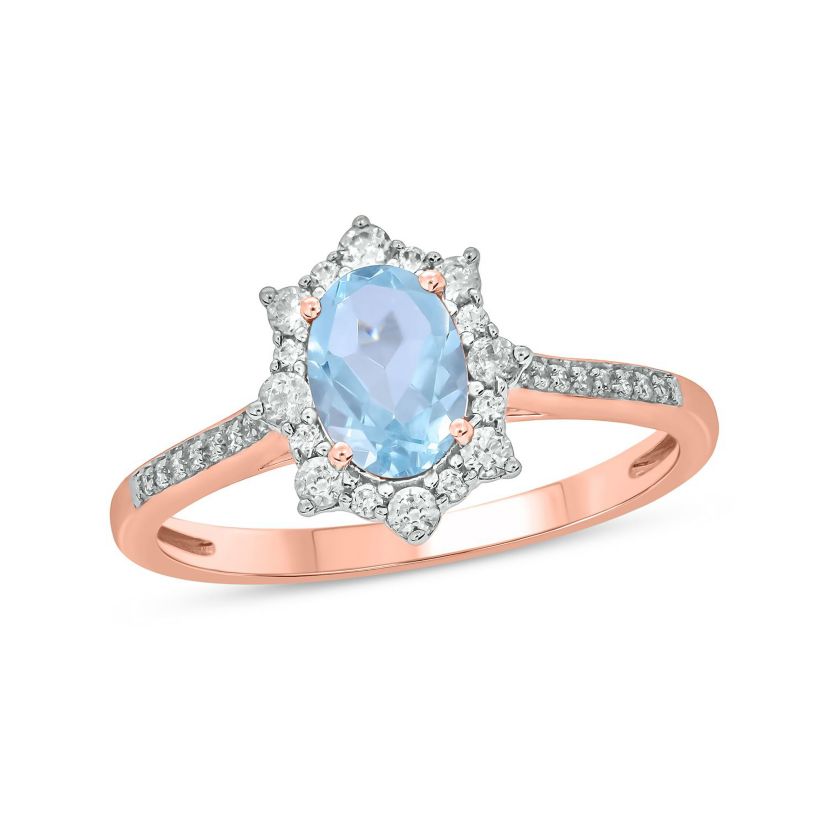 1/4 ct. t.w Diamond & 2/4 ct. t.w Aquamarine Oval Shape Natural Color Stone Ring in 10K Gold