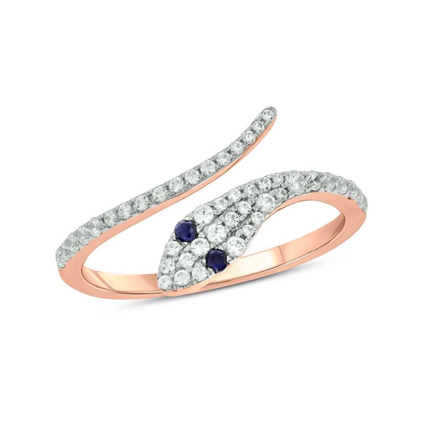 1/3 ct.t.w Diamond & 1/6 ct.t.w Natrual Blue Sapphire Round Shape Snake Ring in 10K Gold