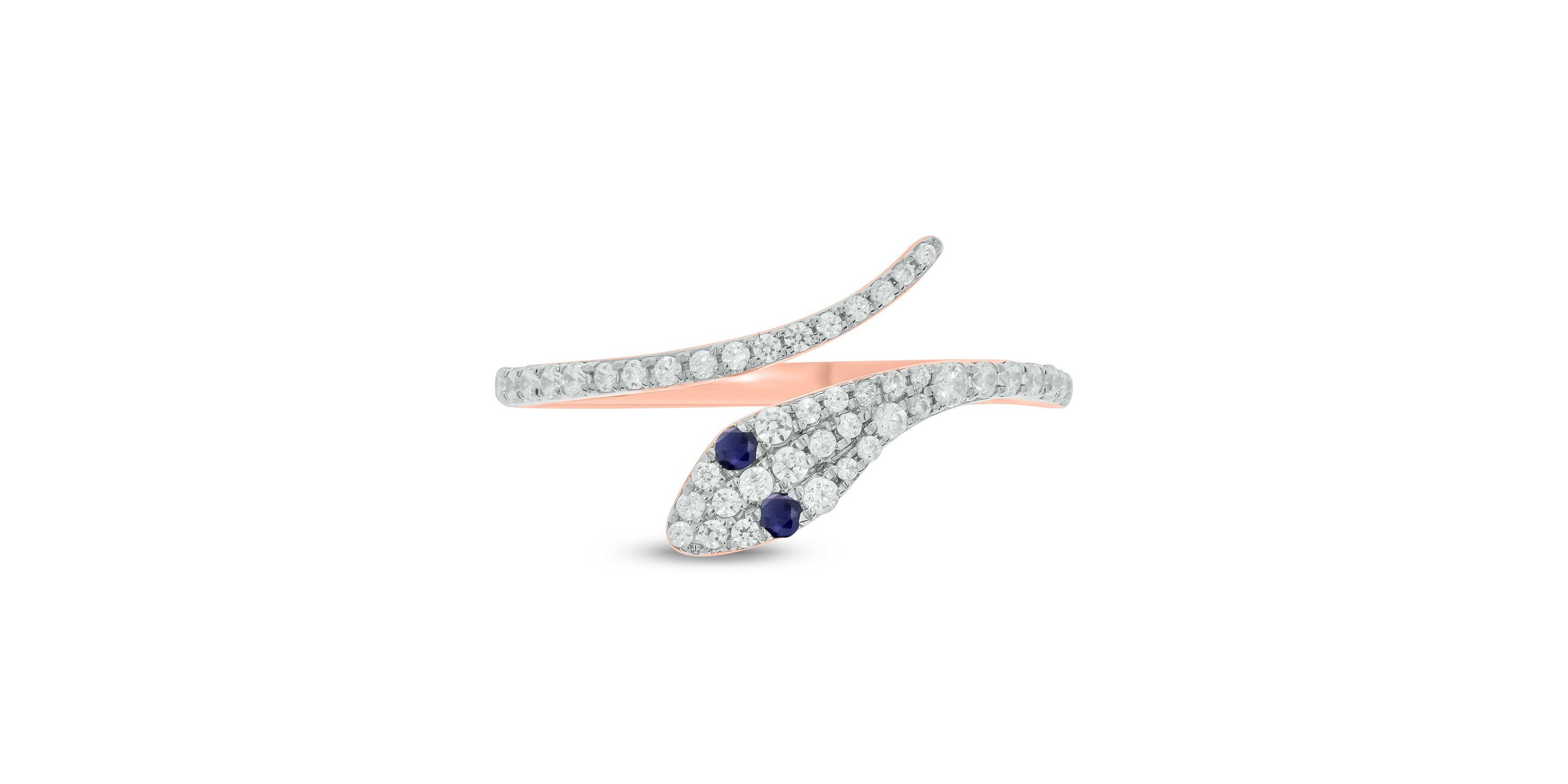 1/3 ct.t.w Diamond & 1/6 ct.t.w Natrual Blue Sapphire Round Shape Snake Ring in 10K Gold