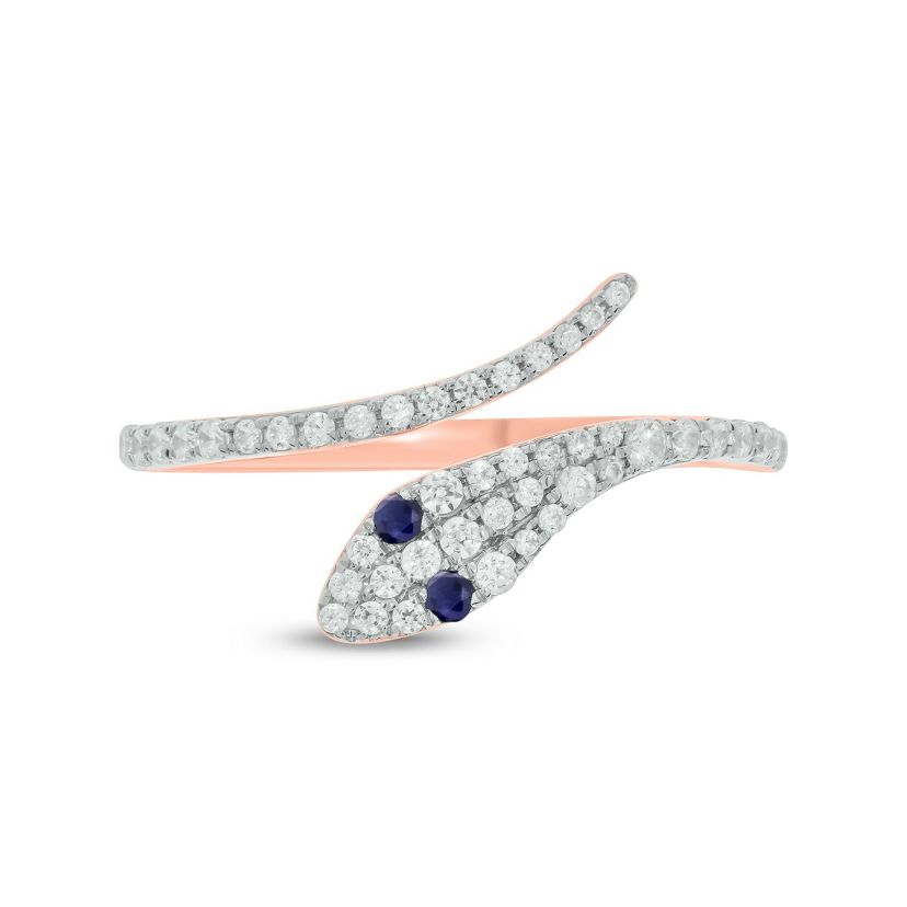 1/3 ct.t.w Diamond & 1/6 ct.t.w Natrual Blue Sapphire Round Shape Snake Ring in 10K Gold