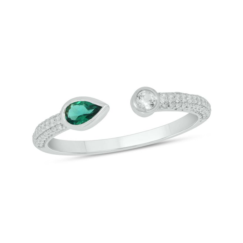 Lab Created 1/5 ct.t.w Diamond & 1/4 ct.t.w Emerald Pear Shape With White Sapphire Round Shape Created Color Stone Ring in 10K Gold