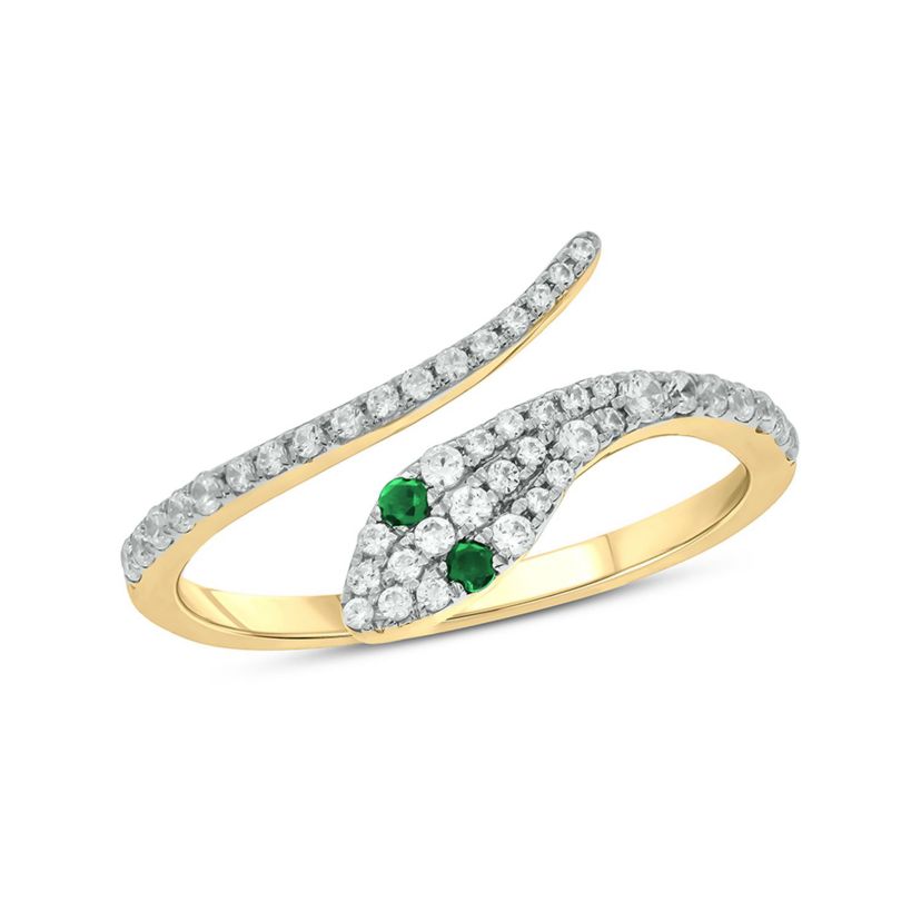 1/3 ct.t.w Diamond & 1/6 ct.t.w Natrual Emerald Round Shape Snake Ring in 10K Gold