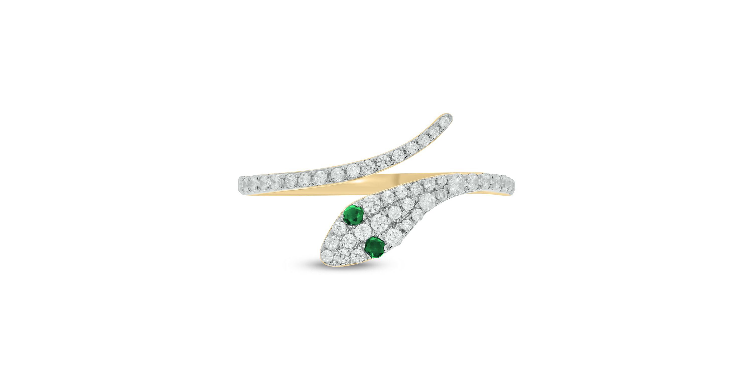 1/3 ct.t.w Diamond & 1/6 ct.t.w Natrual Emerald Round Shape Snake Ring in 10K Gold