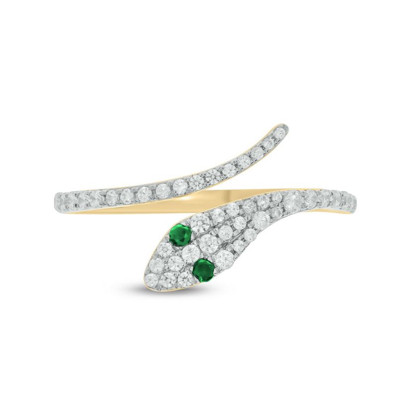 1/3 ct.t.w Diamond & 1/6 ct.t.w Natrual Emerald Round Shape Snake Ring in 10K Gold