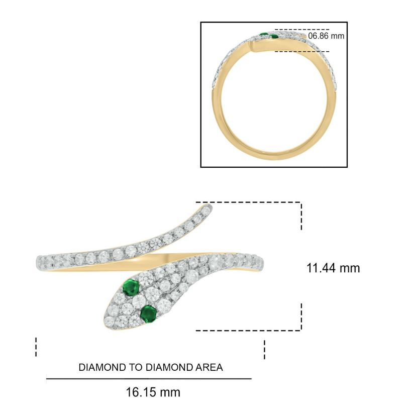 1/3 ct.t.w Diamond & 1/6 ct.t.w Natrual Emerald Round Shape Snake Ring in 10K Gold