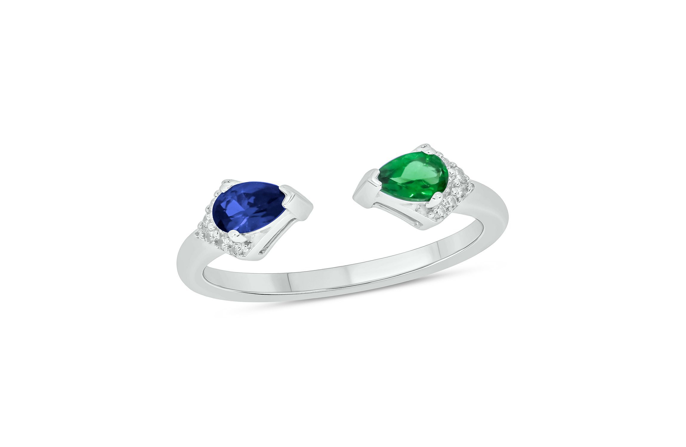 Lab Created 1/4 ct. t.w Diamond & 2/8 ct. t.w Emerald With Blue Sapphire Pear Shape Created Color Stone Ring in Sterling Sliver
