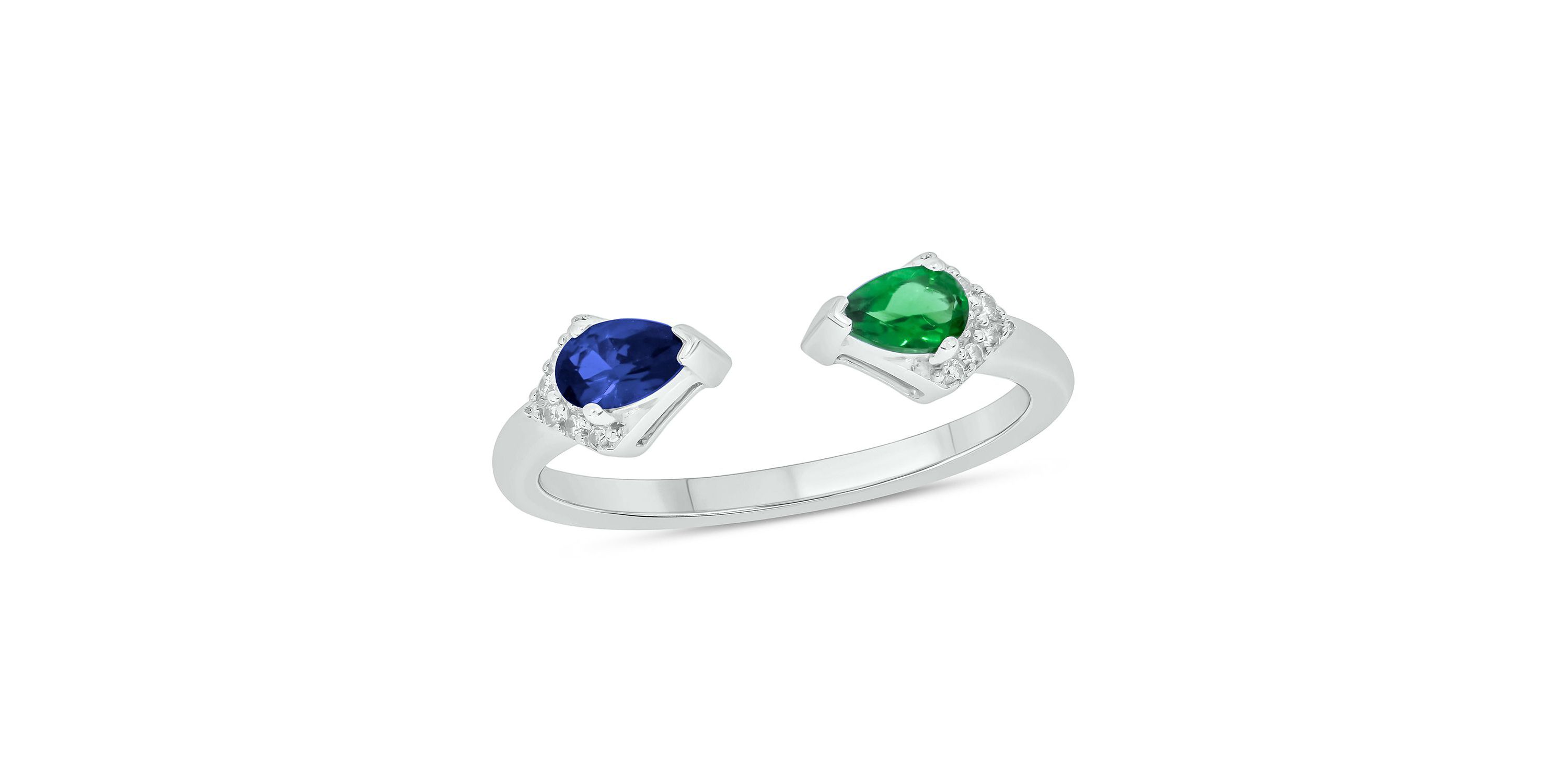 Lab Created 1/4 ct. t.w Diamond & 2/8 ct. t.w Emerald With Blue Sapphire Pear Shape Created Color Stone Ring in Sterling Sliver