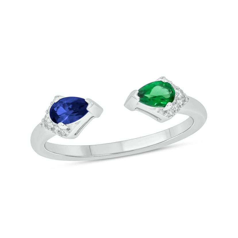 Lab Created 1/4 ct. t.w Diamond & 2/8 ct. t.w Emerald With Blue Sapphire Pear Shape Created Color Stone Ring in Sterling Sliver