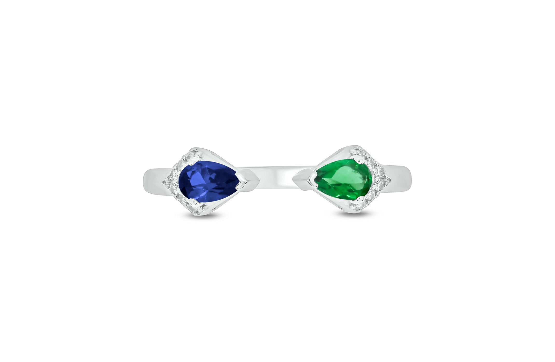Lab Created 1/4 ct. t.w Diamond & 2/8 ct. t.w Emerald With Blue Sapphire Pear Shape Created Color Stone Ring in Sterling Sliver