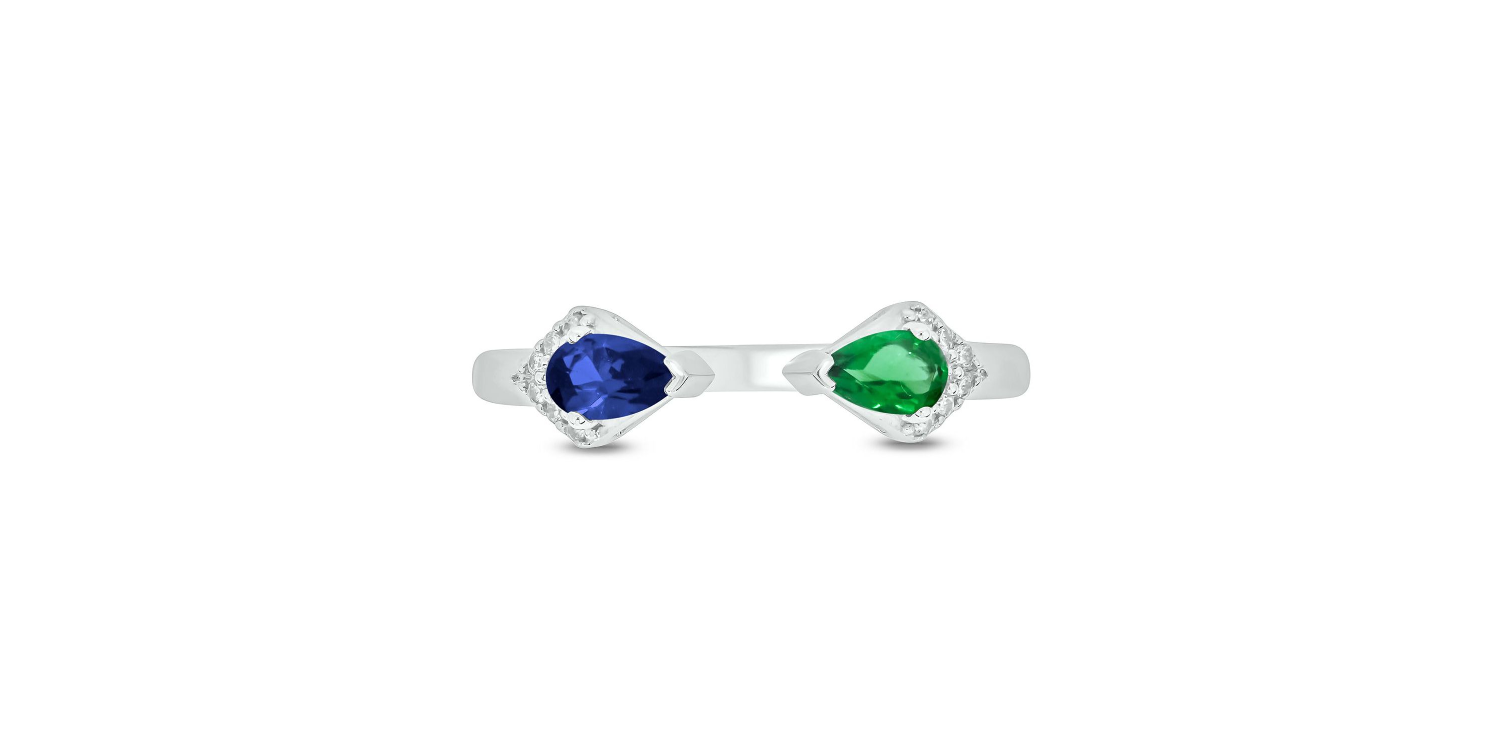 Lab Created 1/4 ct. t.w Diamond & 2/8 ct. t.w Emerald With Blue Sapphire Pear Shape Created Color Stone Ring in Sterling Sliver