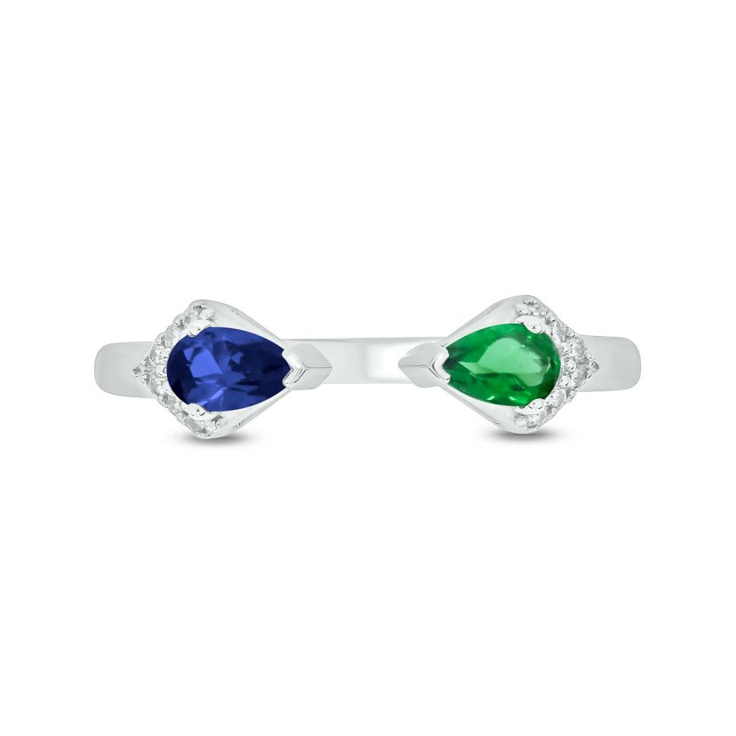 Lab Created 1/4 ct. t.w Diamond & 2/8 ct. t.w Emerald With Blue Sapphire Pear Shape Created Color Stone Ring in Sterling Sliver