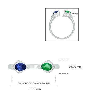 Lab Created 1/4 ct. t.w Diamond & 2/8 Emerald With Blue Sapphire Pear Shape Color Stone Ring Sterling Sliver