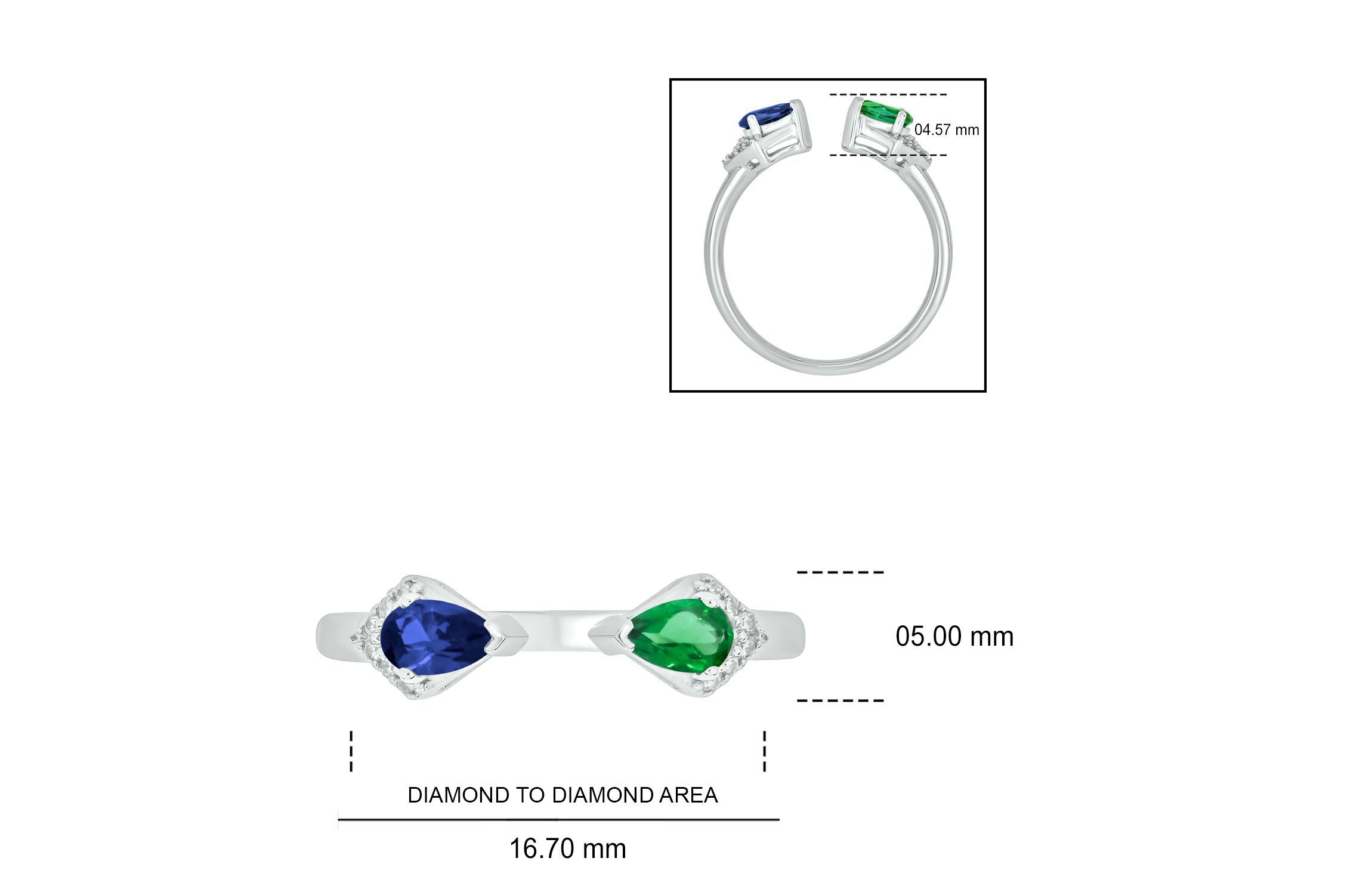 Lab Created 1/4 ct. t.w Diamond & 2/8 ct. t.w Emerald With Blue Sapphire Pear Shape Created Color Stone Ring in Sterling Sliver