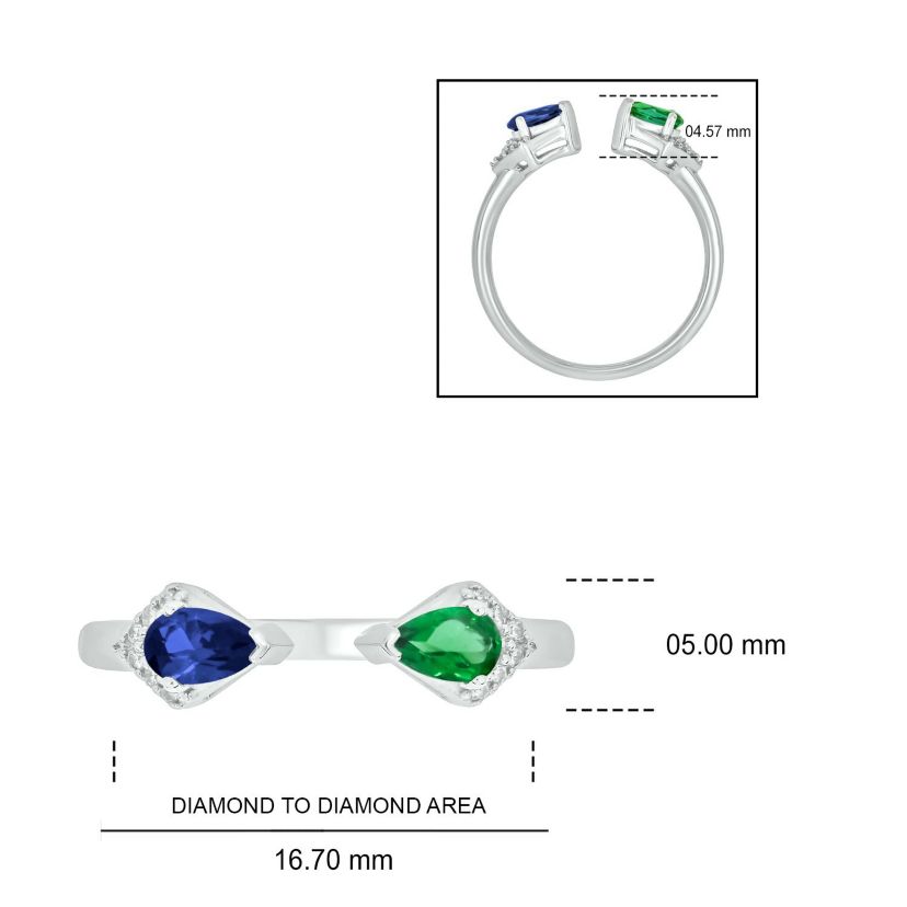 Lab Created 1/4 ct. t.w Diamond & 2/8 ct. t.w Emerald With Blue Sapphire Pear Shape Created Color Stone Ring in Sterling Sliver