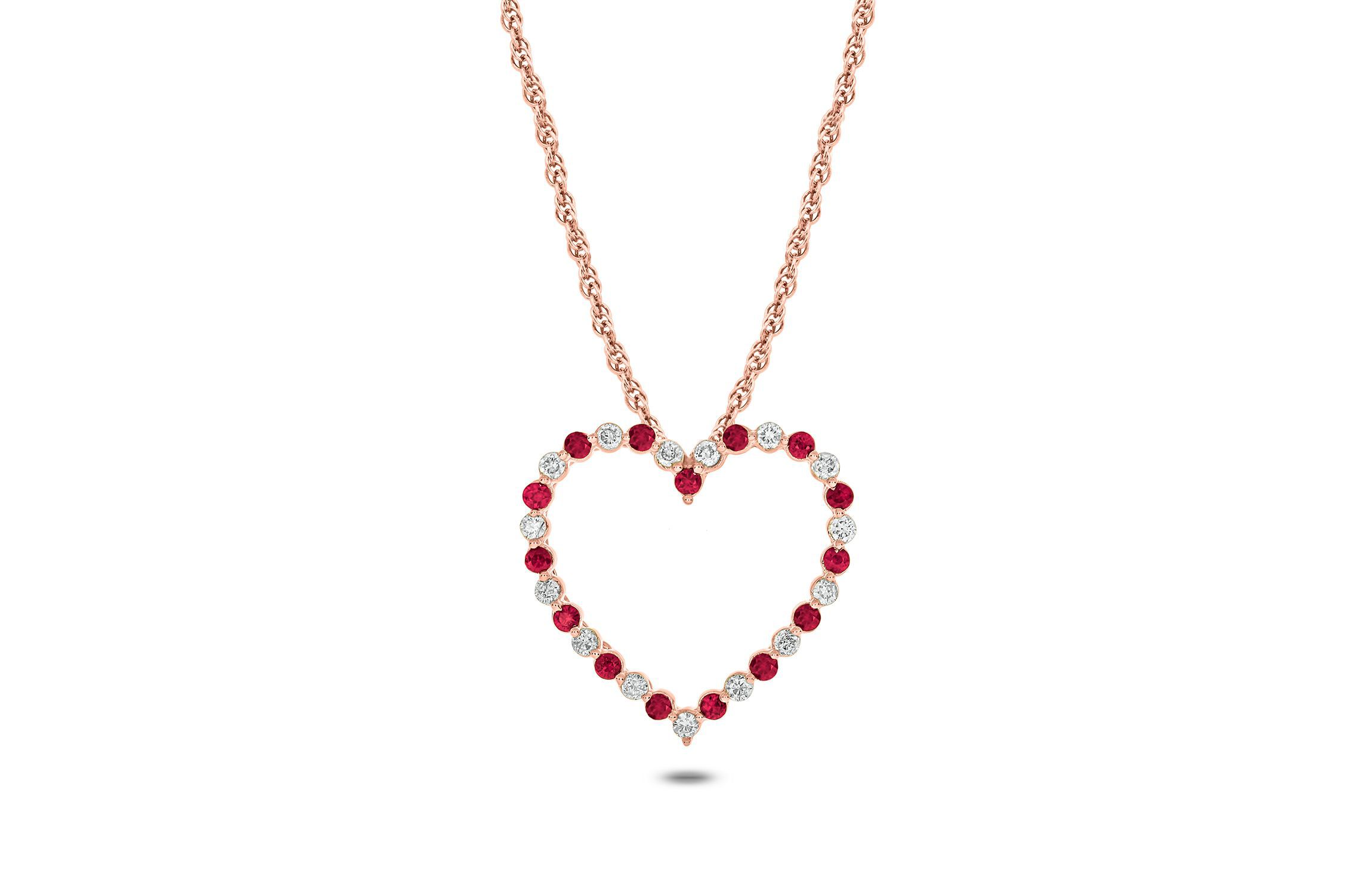 1/6 ct. t.w Diamond 1/5 ct. t.w Natrual Ruby Round Shape Heart Pendant Neckalce For Women in 10K Gold