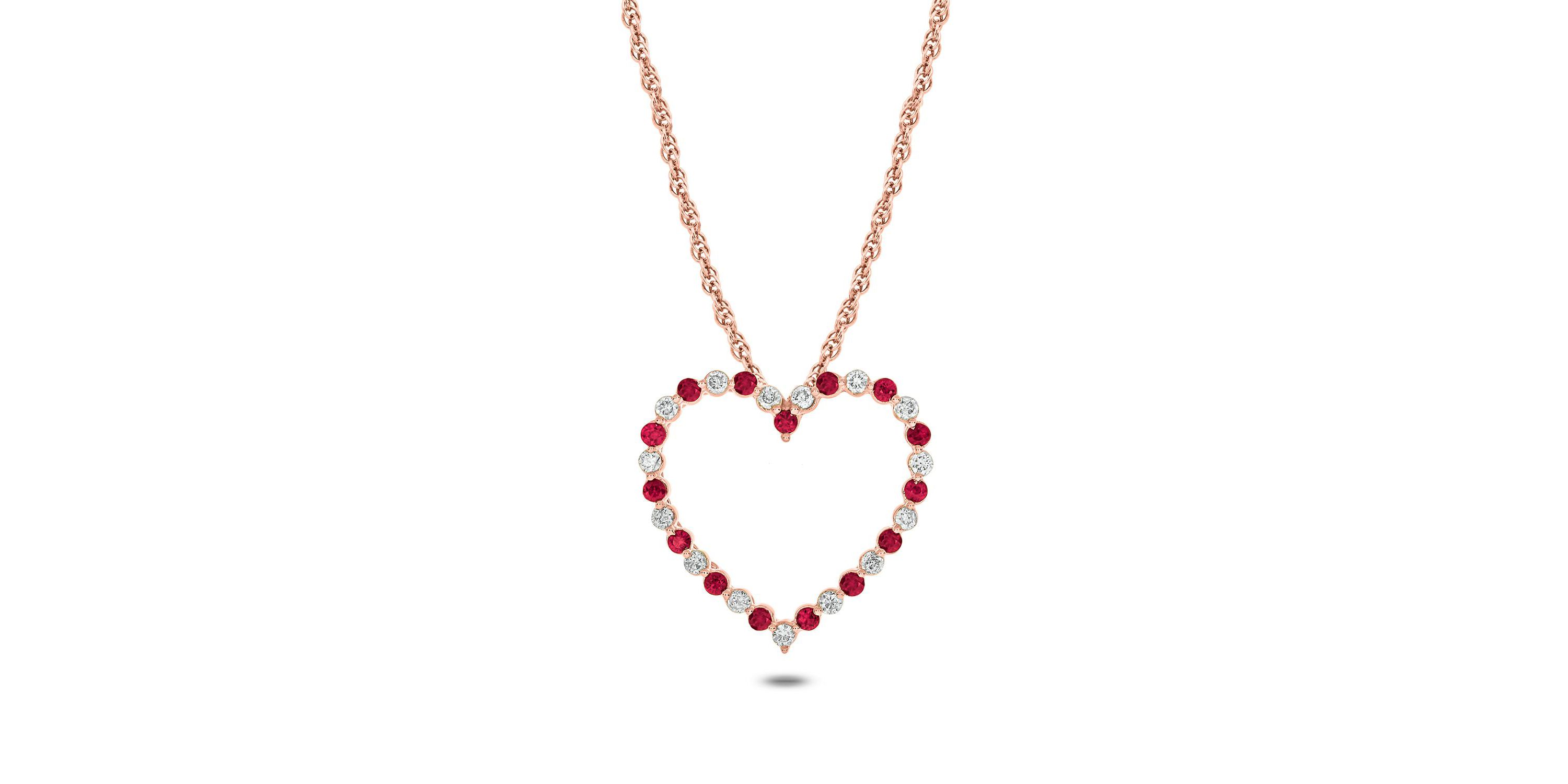 1/6 ct. t.w Diamond 1/5 ct. t.w Natrual Ruby Round Shape Heart Pendant Neckalce For Women in 10K Gold