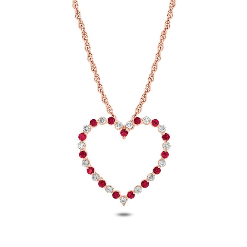 1/6 ct. t.w Diamond 1/5 ct. t.w Natrual Ruby Round Shape Heart Pendant Neckalce For Women in 10K Gold