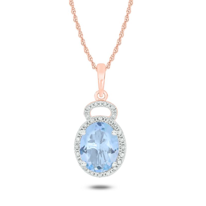 1/10 ct. t.w Diamond & 1.70 ct. t.w Aquamarine Oval Shape Natural Color Stone Pendant in 10K Gold