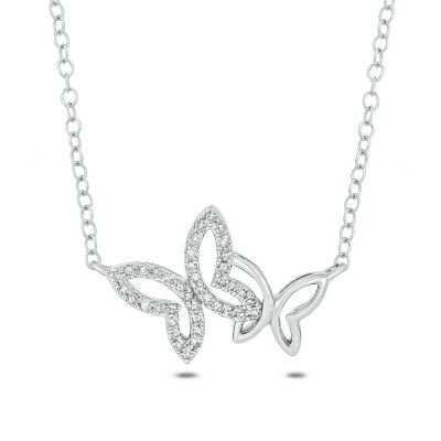 Belk & Co 1/10 ct. t.w White Round Diamond Double Cute Butterfly Pendant Necklace For Women's in 10K Gold