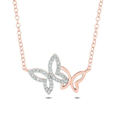 Belk & Co 1/10 ct. t.w White Round Diamond Double Cute Butterfly Pendant Necklace For Women's in 10K Gold