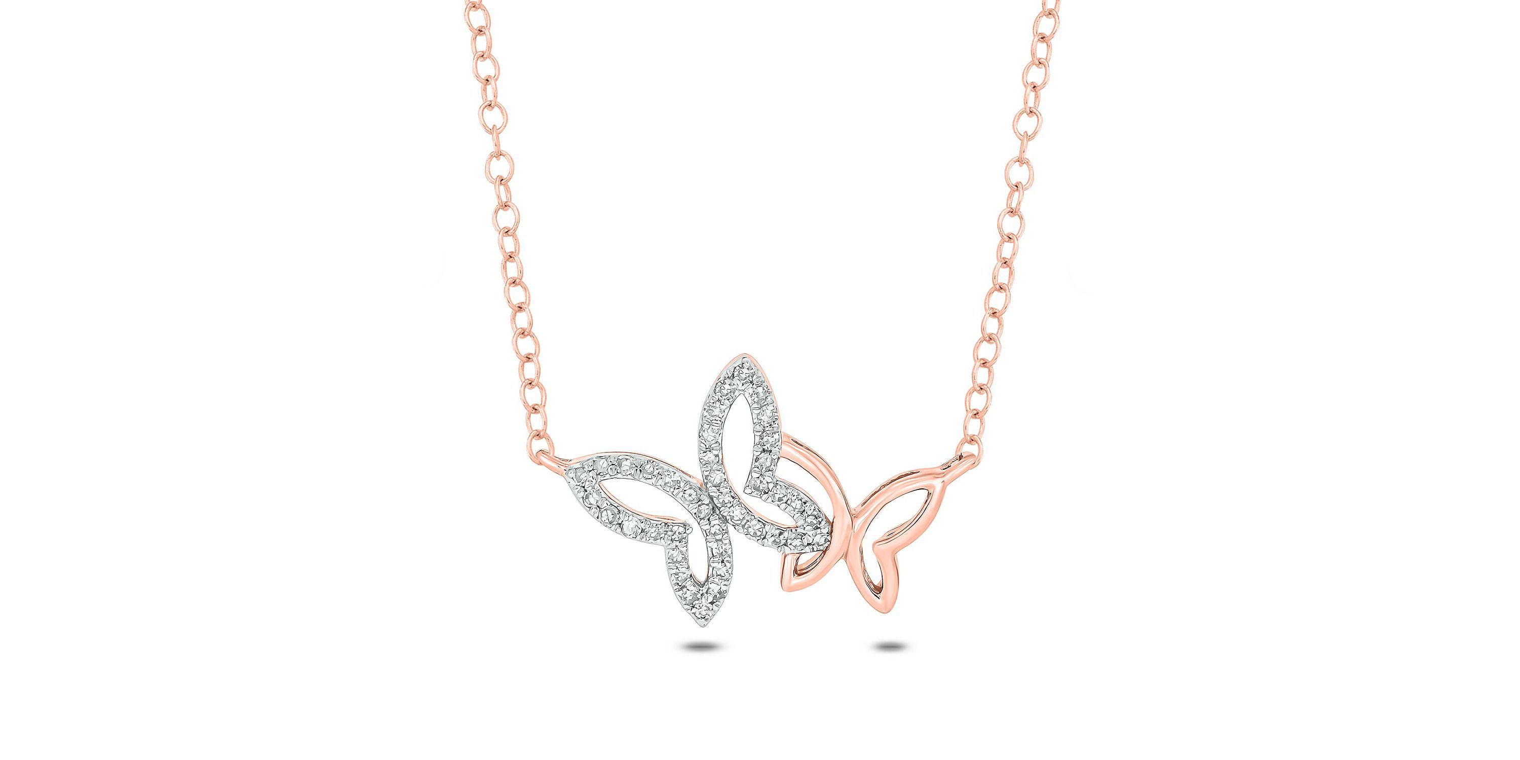 1/10 ct. t.w White Round Diamond Double Cute Butterfly Pendant Necklace For Womens in 10K Gold
