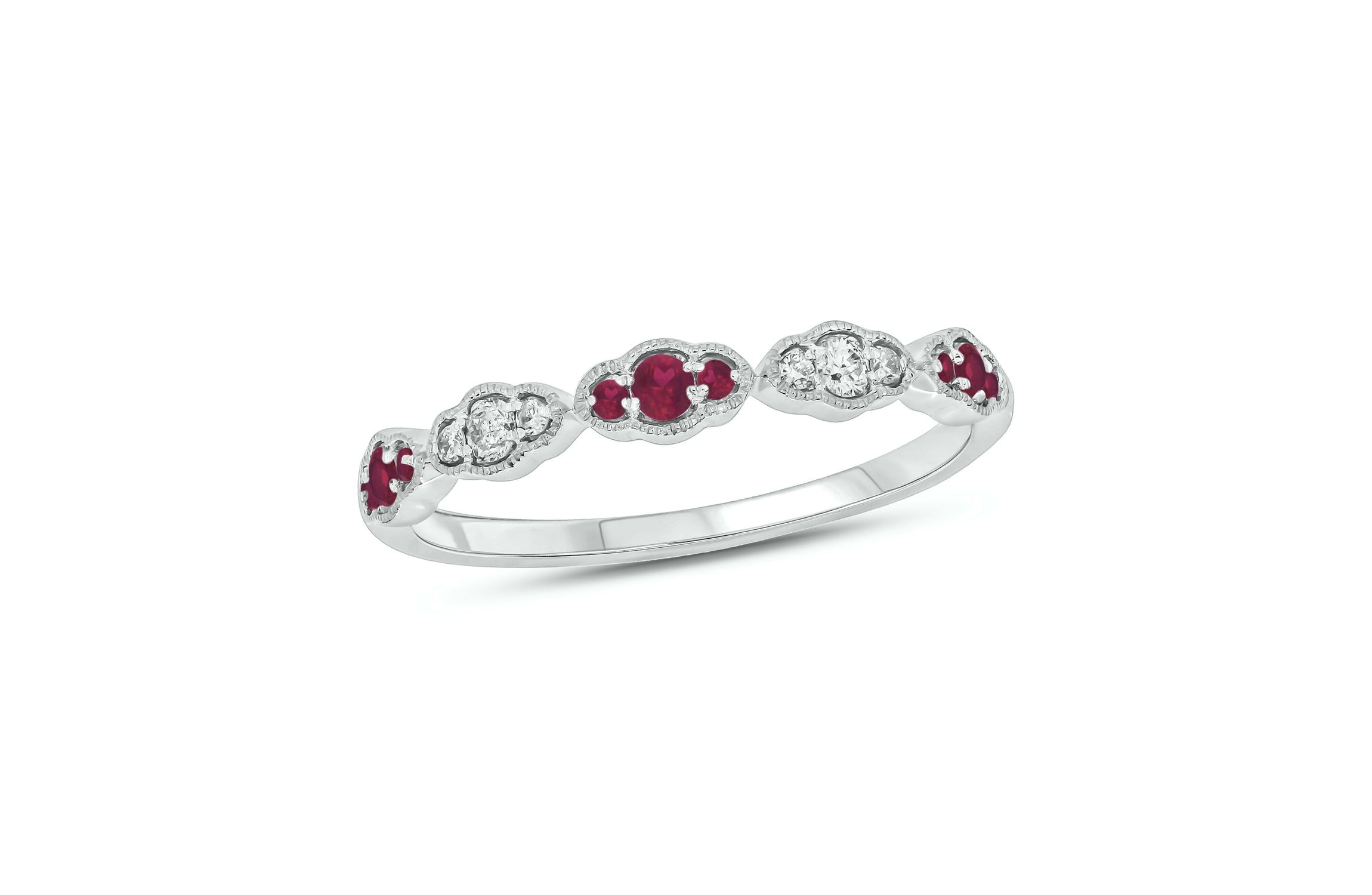 1/5 ct.t.w. Diamond Natural Ruby Milgrain Anniversary Band in 14KT White Gold