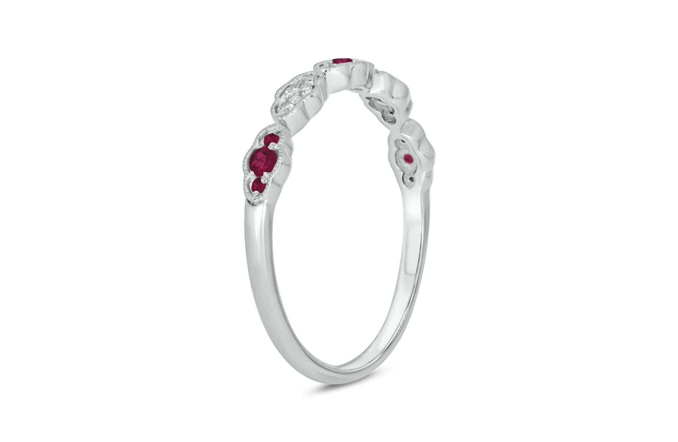 1/5 ct.t.w. Diamond Natural Ruby Milgrain Anniversary Band in 14KT White Gold