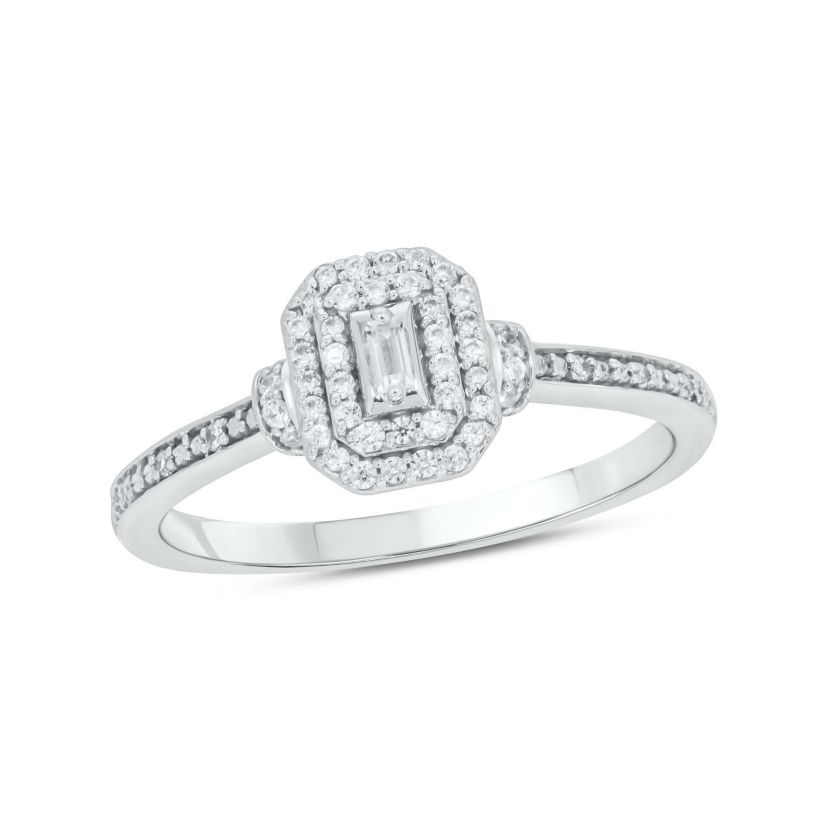 1/5 carat, Diamond Baguette,Double Halo Beads Promise Ring in 14K Yellow Gold