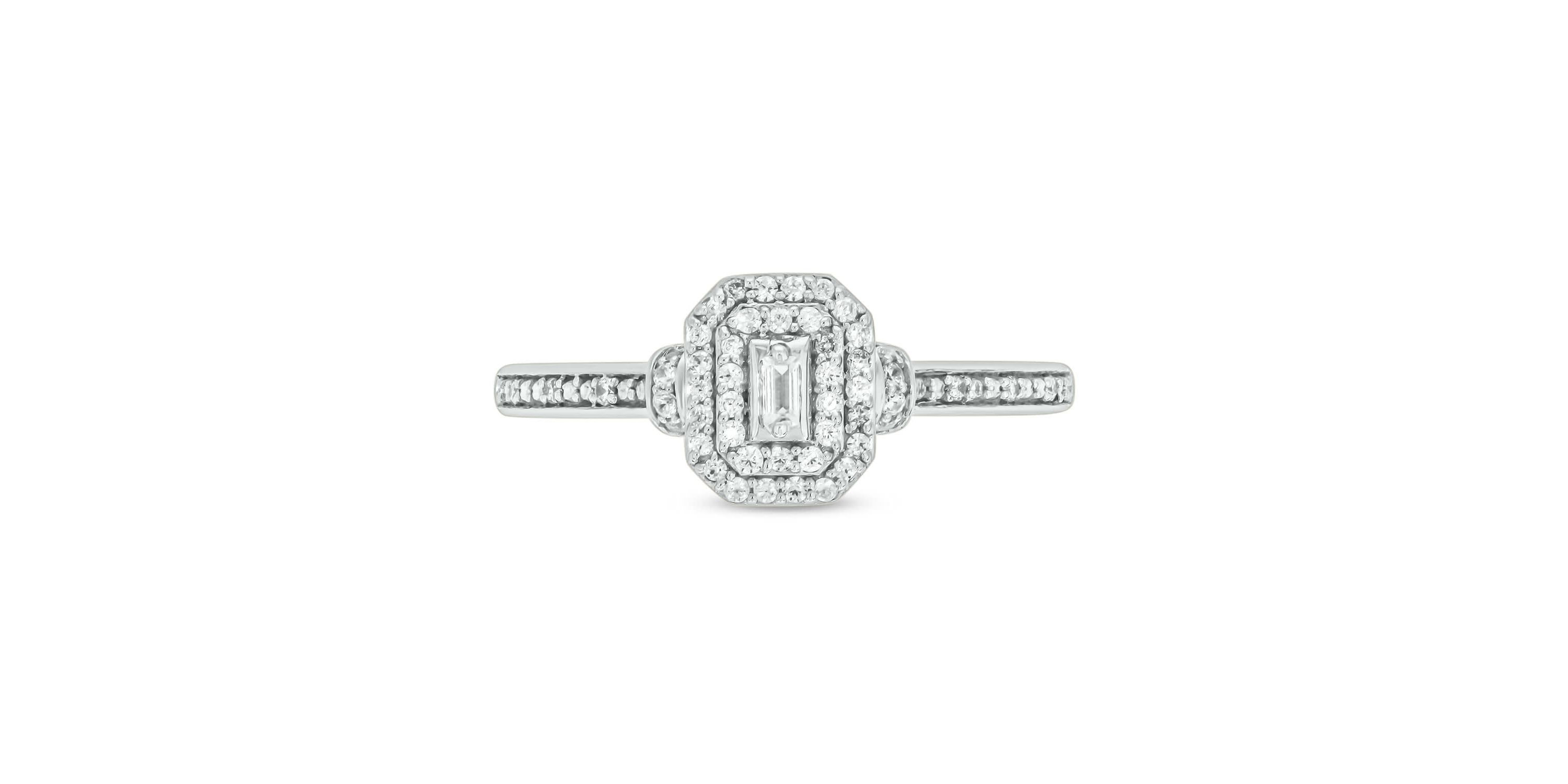 1/5 carat, Diamond Baguette,Double Halo Beads Promise Ring in 14K Yellow Gold