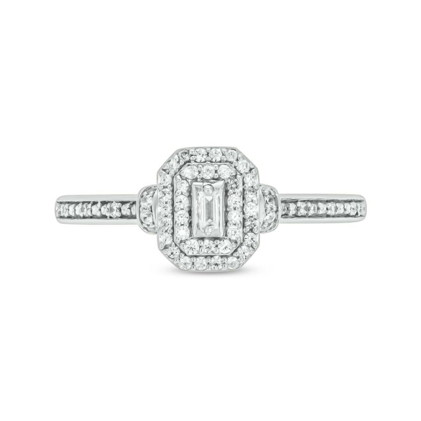 1/5 carat, Diamond Baguette,Double Halo Beads Promise Ring in 14K Yellow Gold
