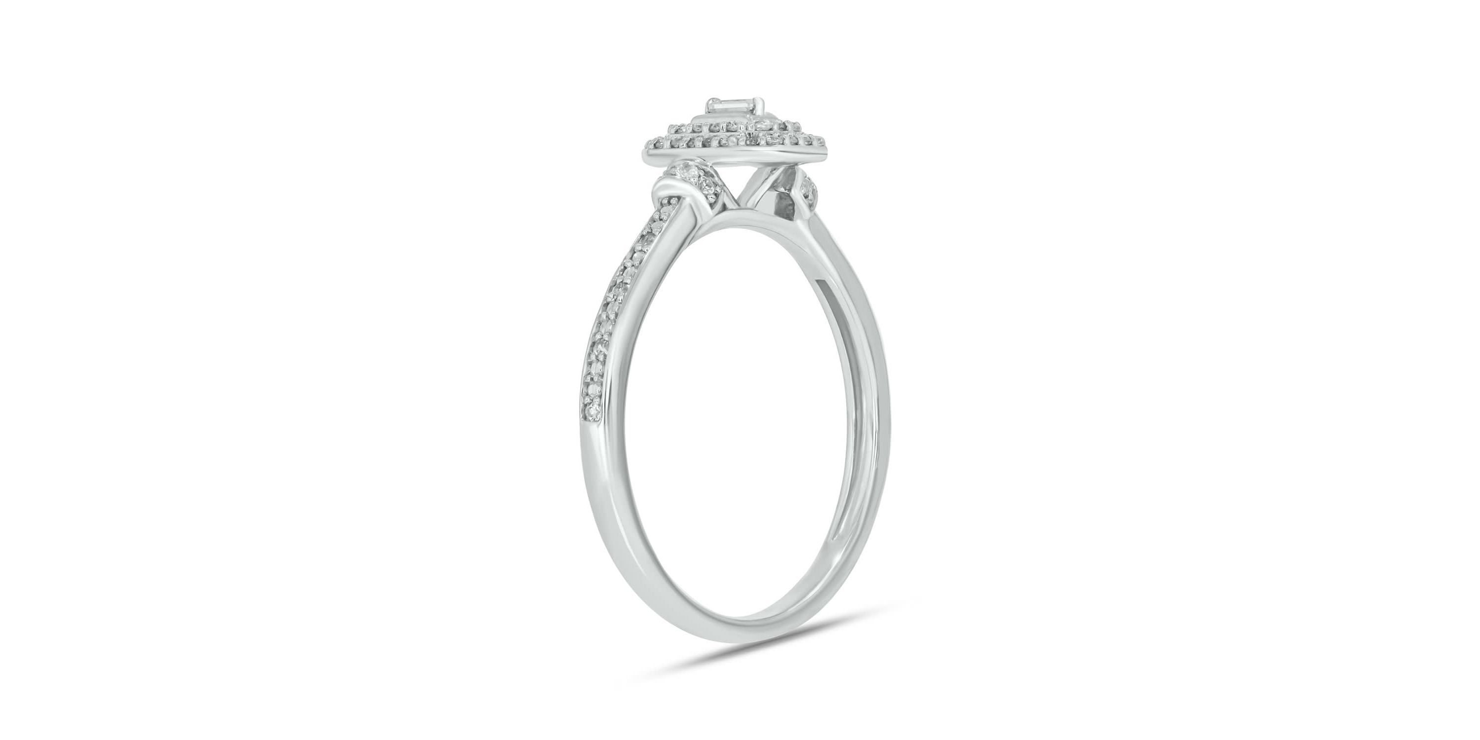 1/5 carat, Diamond Baguette,Double Halo Beads Promise Ring in 14K Yellow Gold