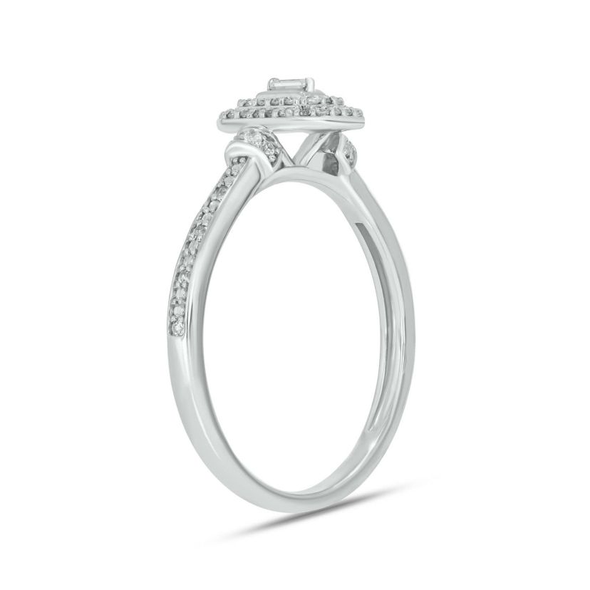 1/5 carat, Diamond Baguette,Double Halo Beads Promise Ring in 14K Yellow Gold