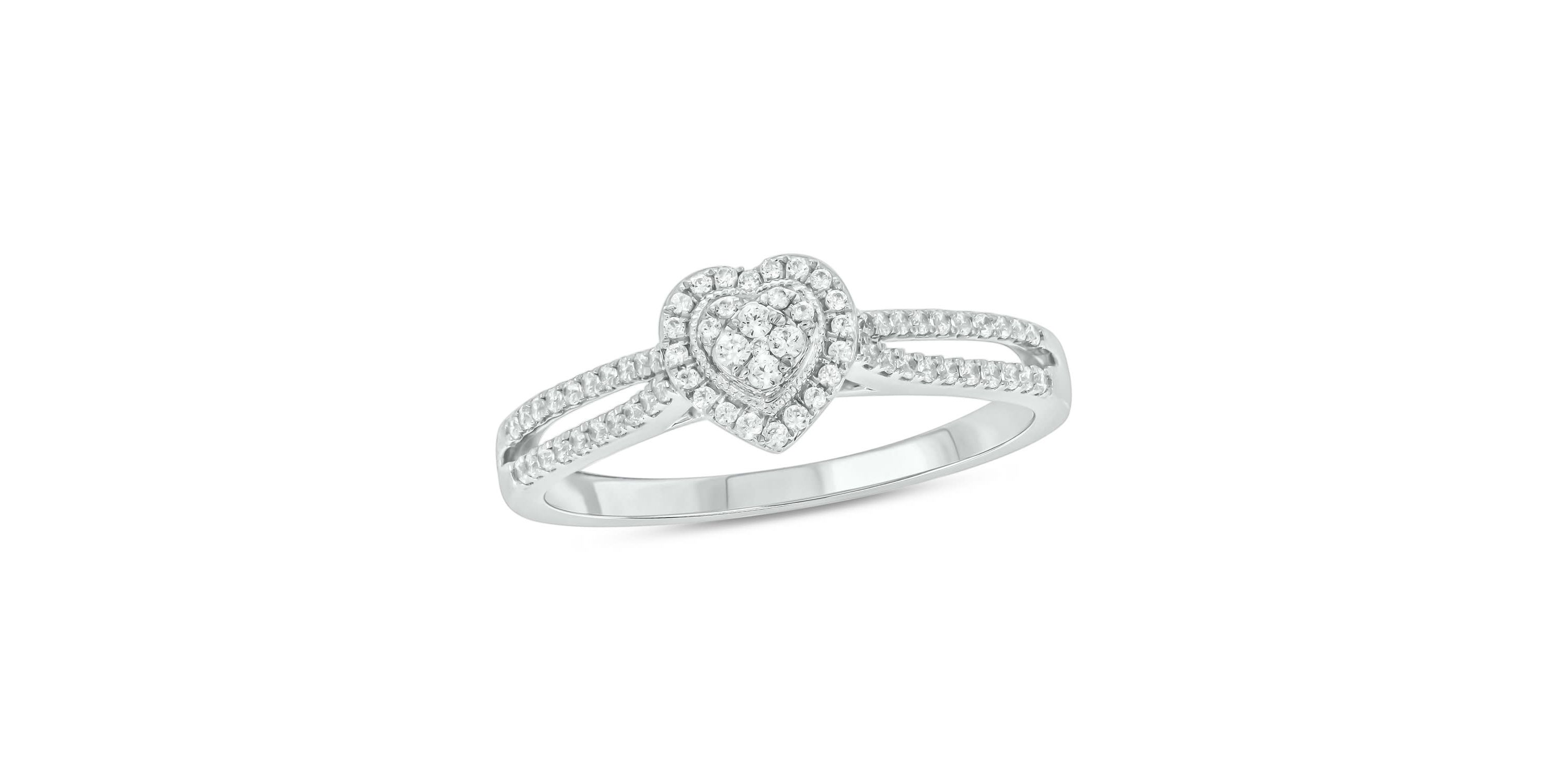 1/4 carat, Diamond Single Heart Halo ,Split Shank Fahion Ring in 14K White Gold