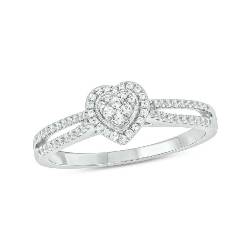 1/4 carat, Diamond Single Heart Halo ,Split Shank Fahion Ring in 14K White Gold