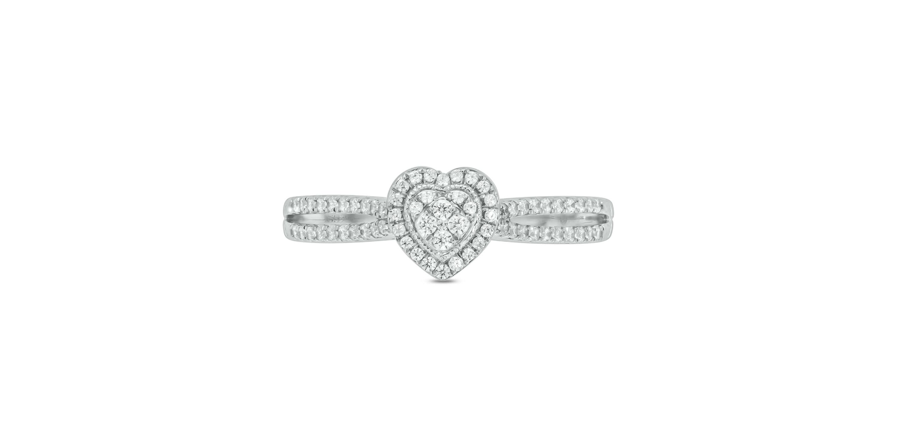 1/4 carat, Diamond Single Heart Halo ,Split Shank Fahion Ring in 14K White Gold