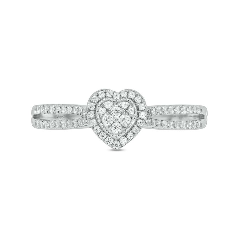 1/4 carat, Diamond Single Heart Halo ,Split Shank Fahion Ring in 14K White Gold