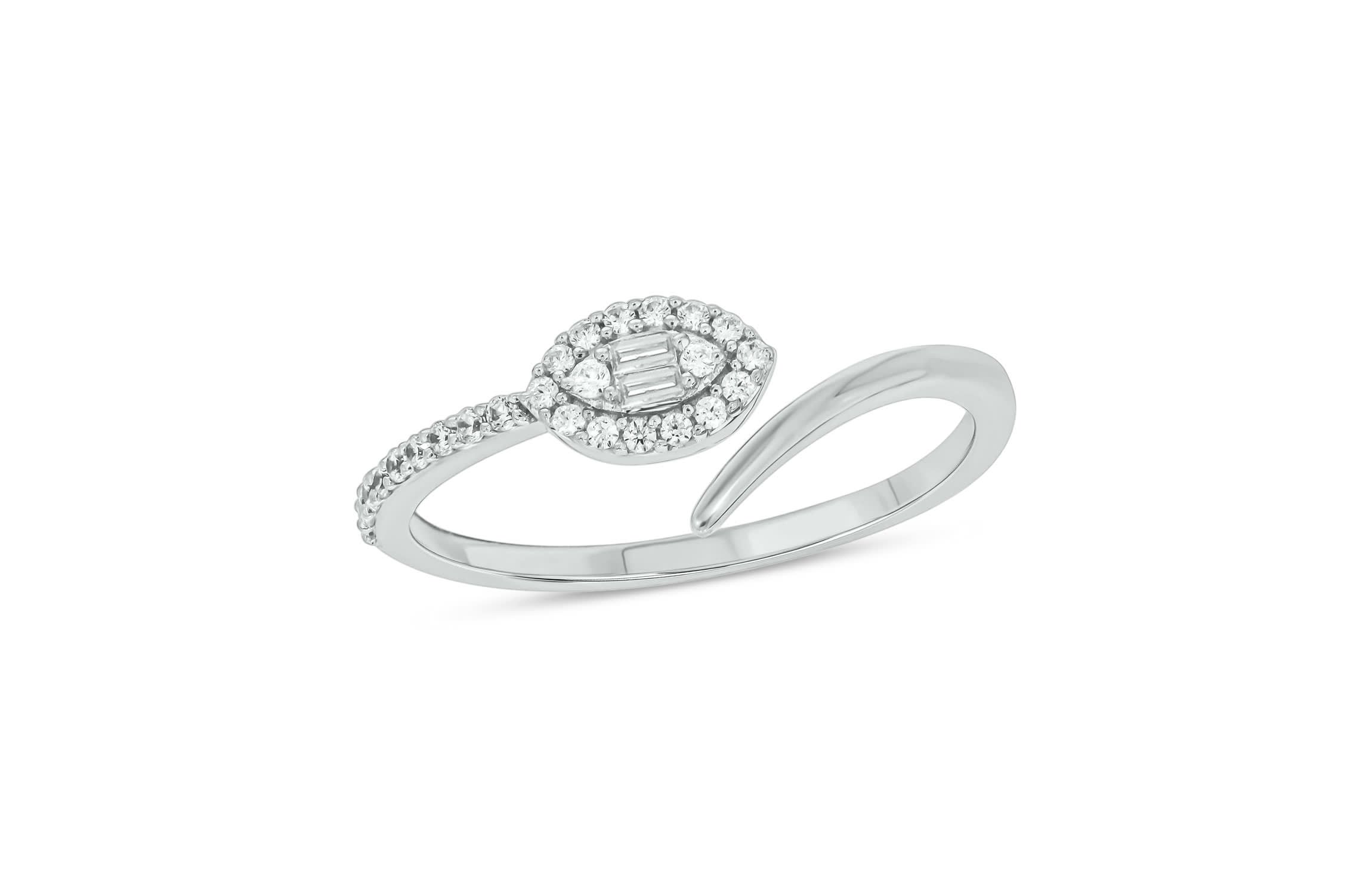 1/6 carat, Diamond Round & Baguette Marquise Composite, By Pass Ring  Band in 14K White Gold